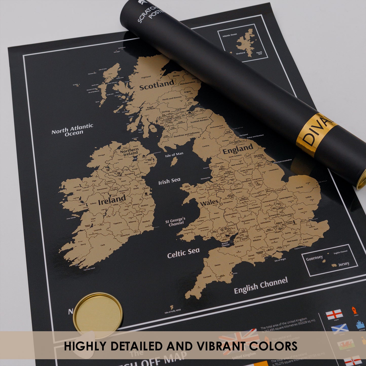 Large Great Britain Scratch off Map - United Kingdom Scratchable Poster 61x41 CM - UK Places Ive Been Map - Black and Gold Erasable Poster - Check off Britain Map - Travel UK Map
