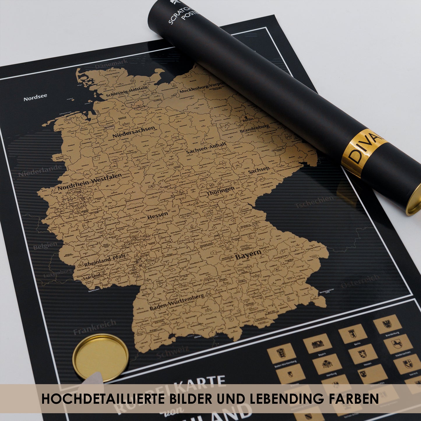 Scratch off Map Germany - Deutschlandkarte Poster 61x41 cm - Scratch Germany Map Gift - Landkarte zum Rubbeln Deutschland - Black and Gold Scratch off Germany Map Poster - Weltkarte zum Rubbeln Deutsch - Rubbeldeutschlandkarte Geschenk