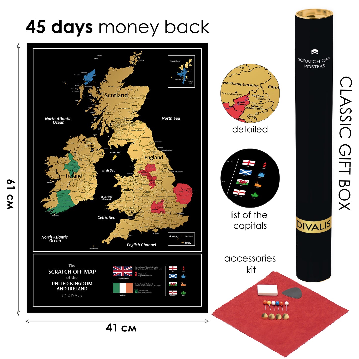 Large Great Britain Scratch off Map - United Kingdom Scratchable Poster 61x41 CM - UK Places Ive Been Map - Black and Gold Erasable Poster - Check off Britain Map - Travel UK Map