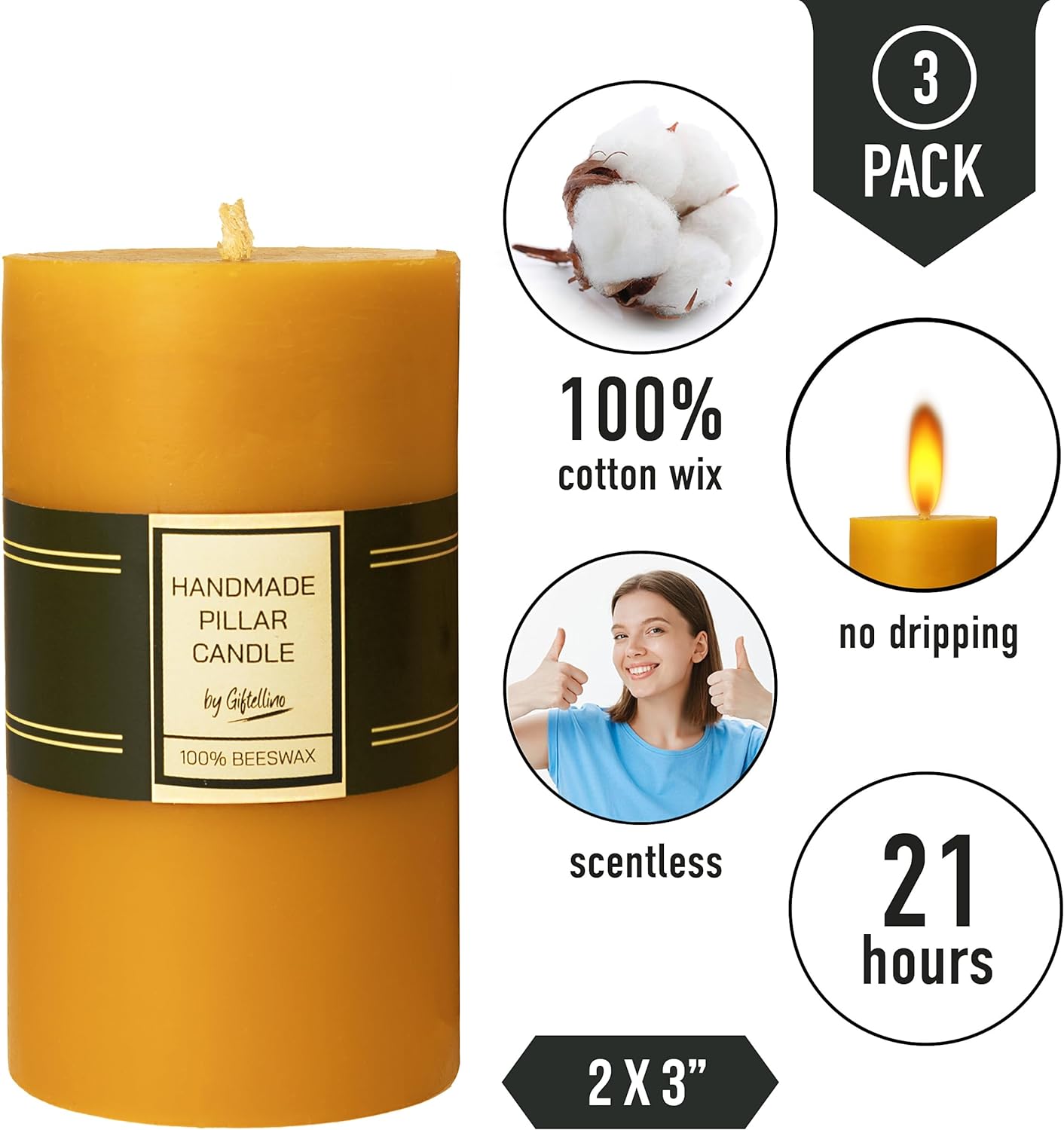 Set of 3 Beeswax Pillar Candle - 21 Hours Lasting Smokeless Pillar Candles with Cotton Wick - Unscented Candle Lover Gift - Dripless Beeswax Pillars