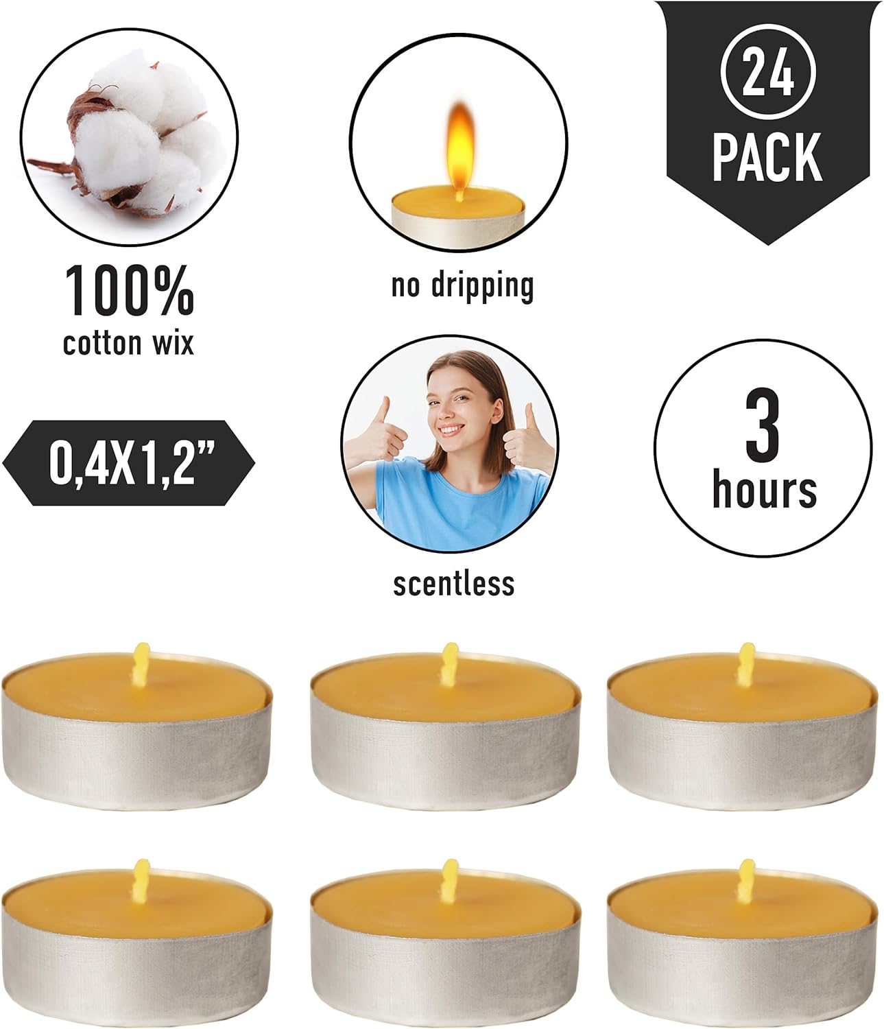 Set of Beeswax Tealight Candles - Smokeless Tealight Candles Lasting 3 Hours - Unscented Tea Lights - Gift for Candle Lovers