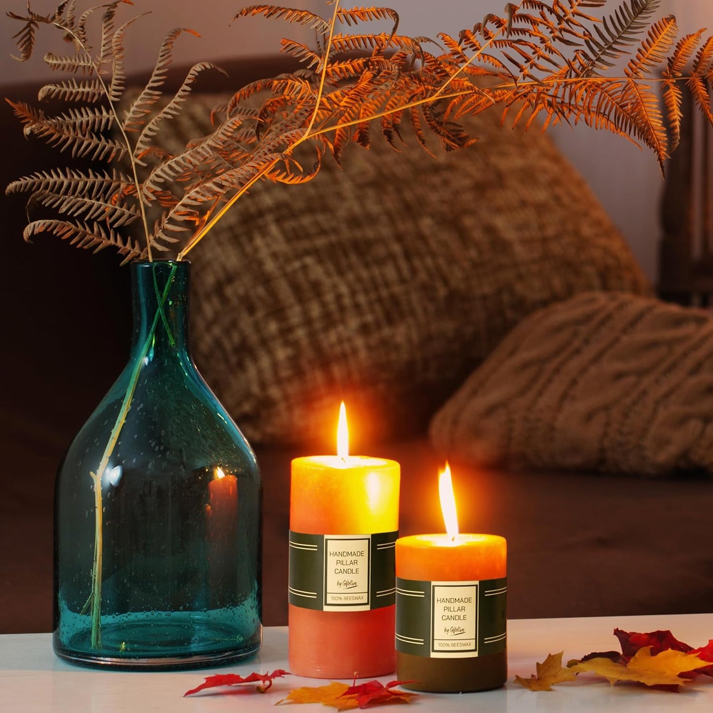 Set of 3 Beeswax Pillar Candle - 21 Hours Lasting Smokeless Pillar Candles with Cotton Wick - Unscented Candle Lover Gift - Dripless Beeswax Pillars