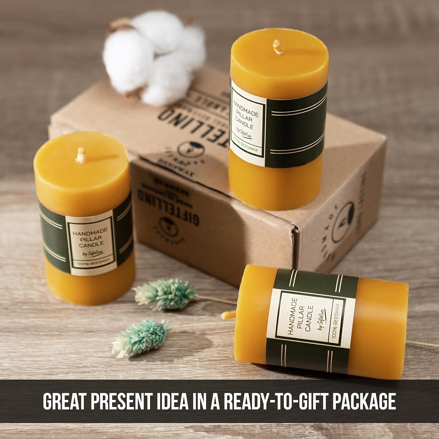 Set of 3 Beeswax Pillar Candle - 21 Hours Lasting Smokeless Pillar Candles with Cotton Wick - Unscented Candle Lover Gift - Dripless Beeswax Pillars