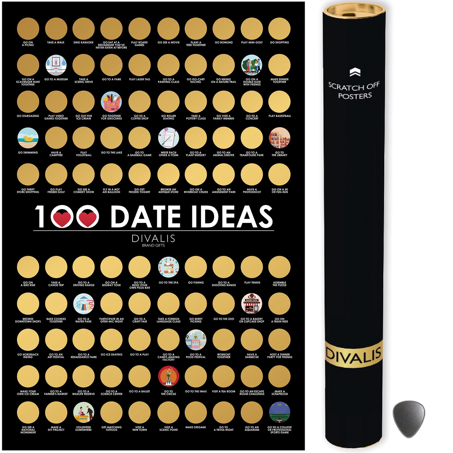 Scratch off Dates Poster - Top 100 Things to Do for Couples - 100 Dates Scratch off Bucket List - Motivational Checklist Scratch off Map