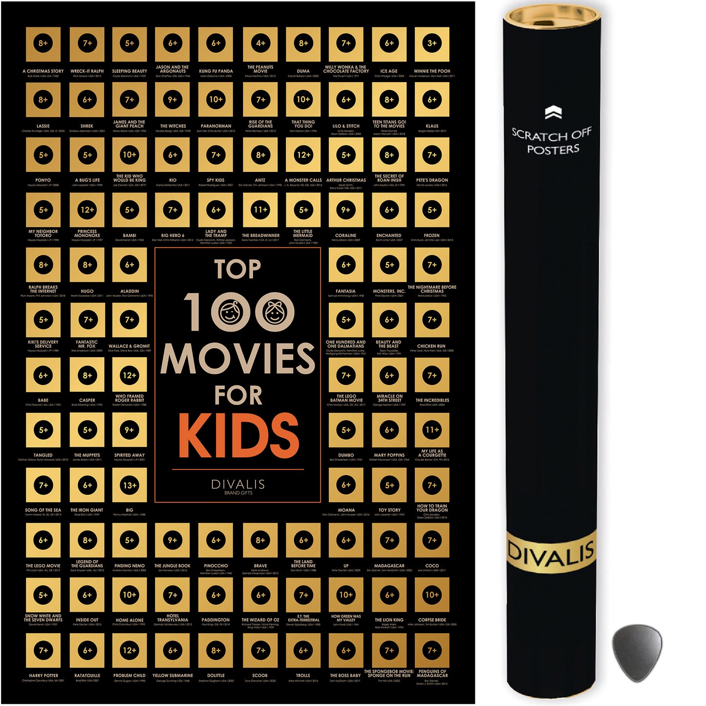 Scratch off Kids Movies Poster - Top 100 Kids Movies and Cartoons - Kids Films Checklist - Kids Cinema Bucketlist Map - Best Gift for Kids