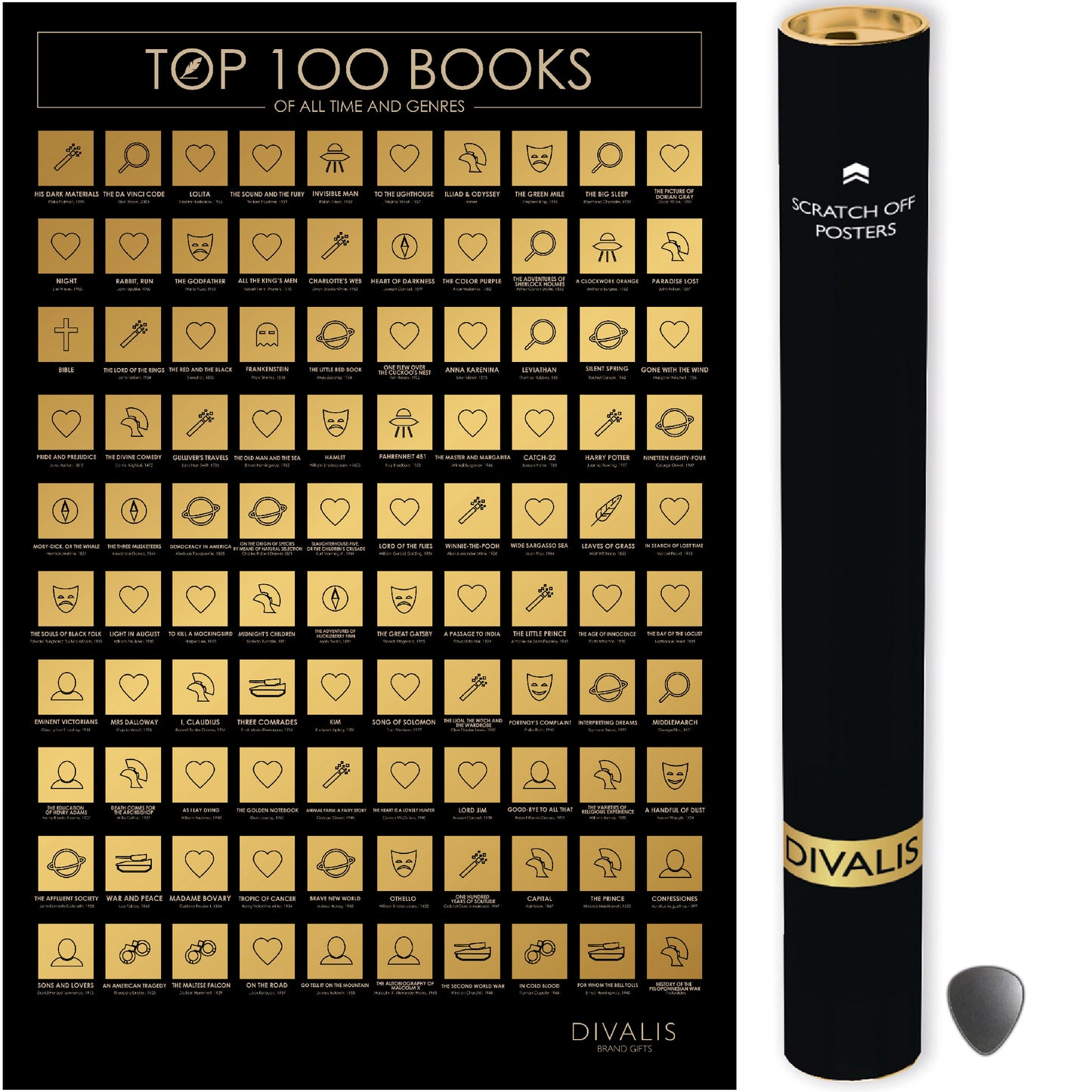 100 Books Scratch off Poster with Scratcher - Easy to Frame 24x16" 100 Must Read Books of all Times - Reading Bucketlist Chart - Books Read Checklist