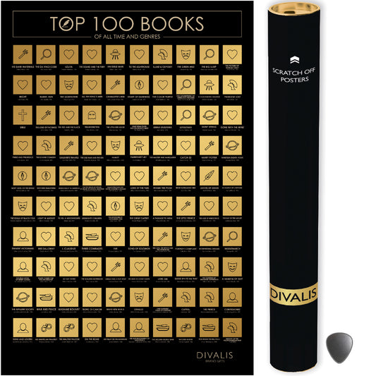 100 Books Scratch off Poster with Scratcher - Easy to Frame 24x16" 100 Must Read Books of all Times - Reading Bucketlist Chart - Books Read Checklist