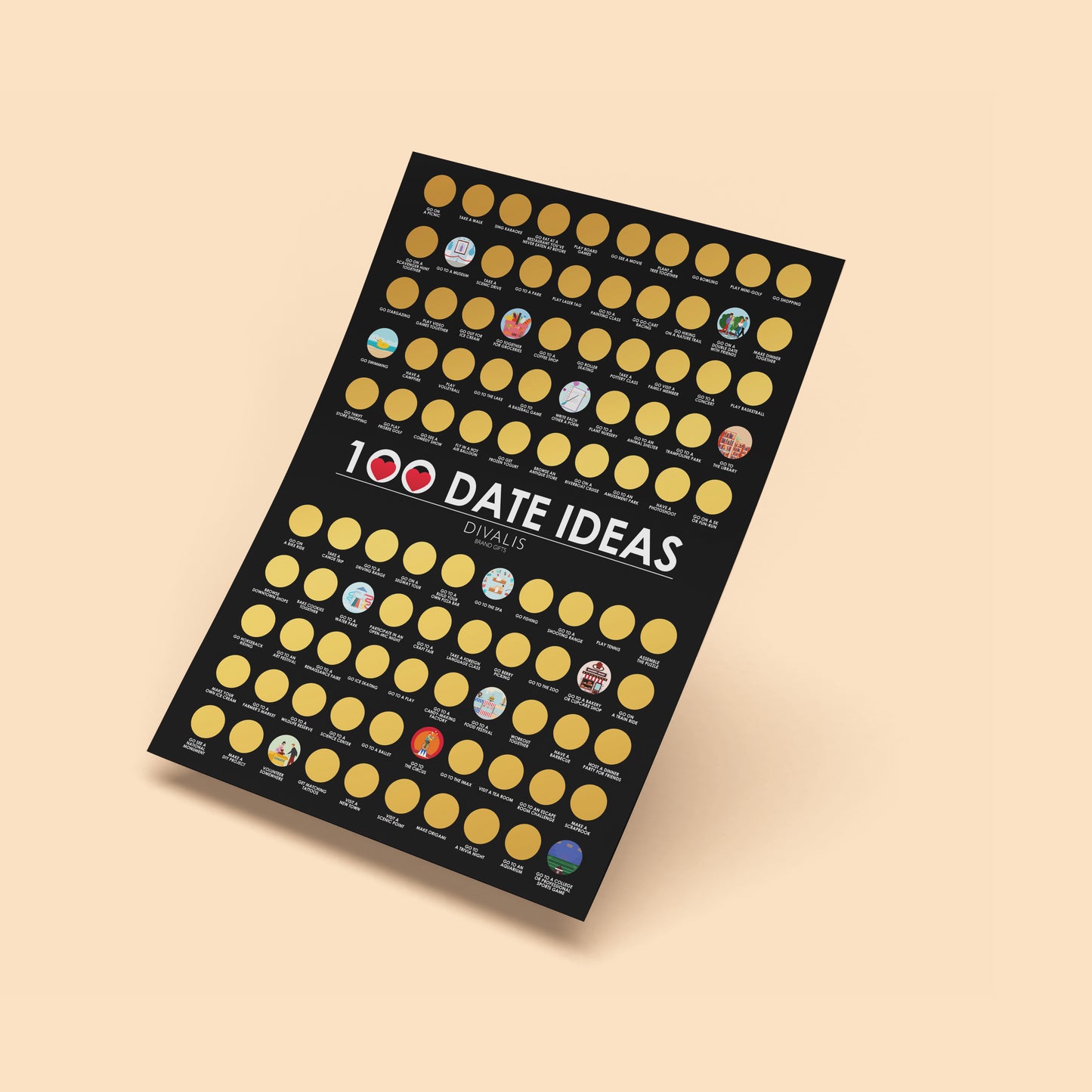 Scratch off Dates Poster - Top 100 Things to Do for Couples - 100 Dates Scratch off Bucket List - Motivational Checklist Scratch off Map