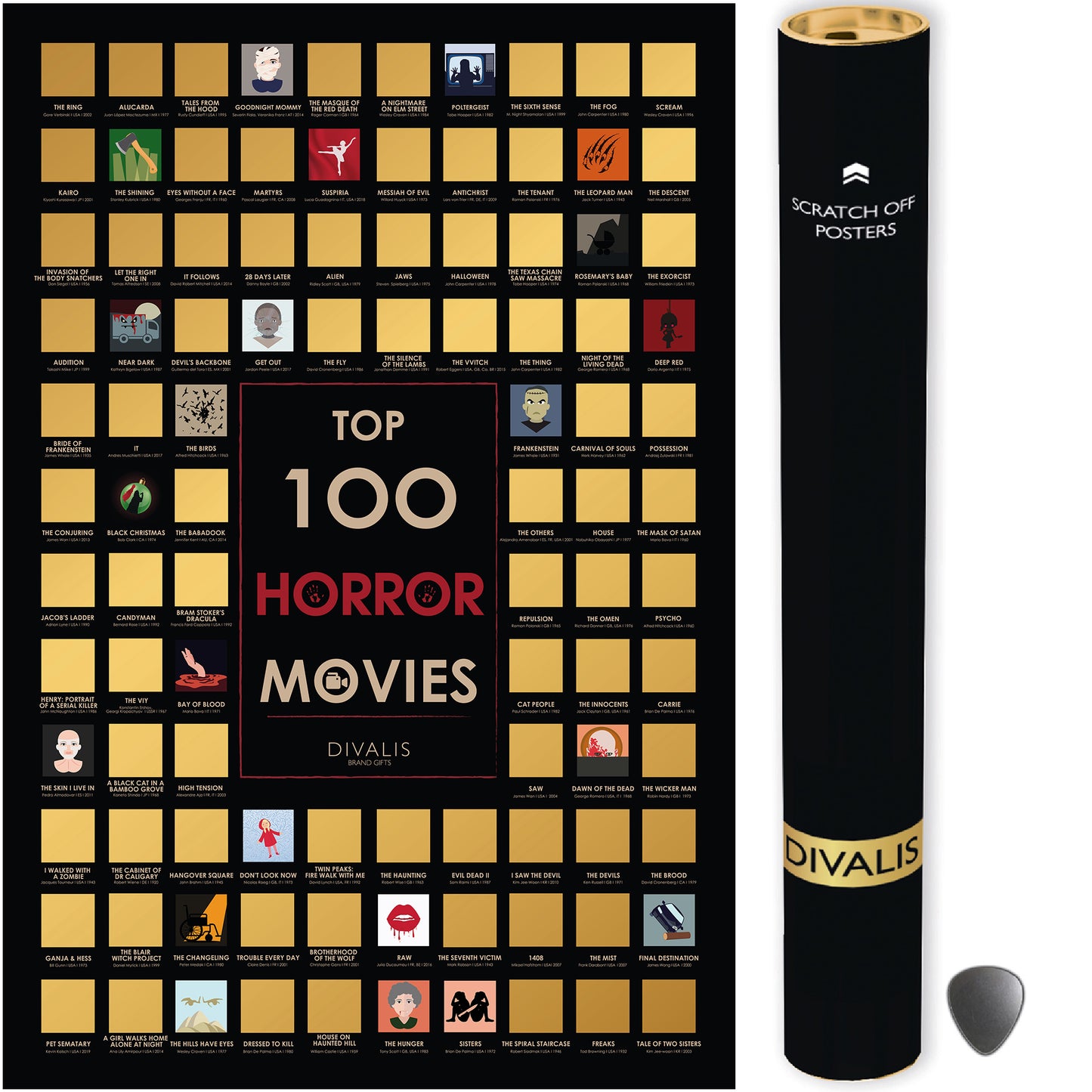 Scratch off Horror Movies Poster - Best Horrors Cinema Chart - Top 100 Horror Films Map - Movie Challenge to Do List - Movies Bucketlist