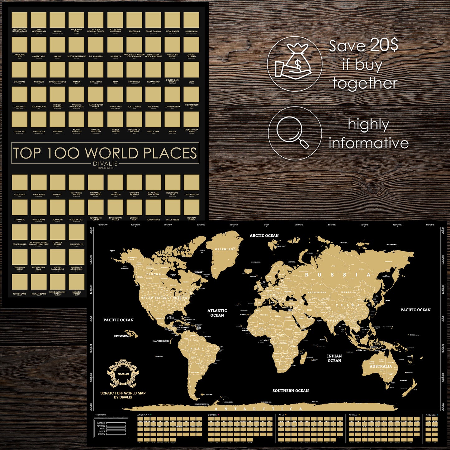 2 in 1 Gift Set - Scratch off Map of the World and Top 100 World Places to Visit Scratchable Poster - Places Where You Have Been Travel Map