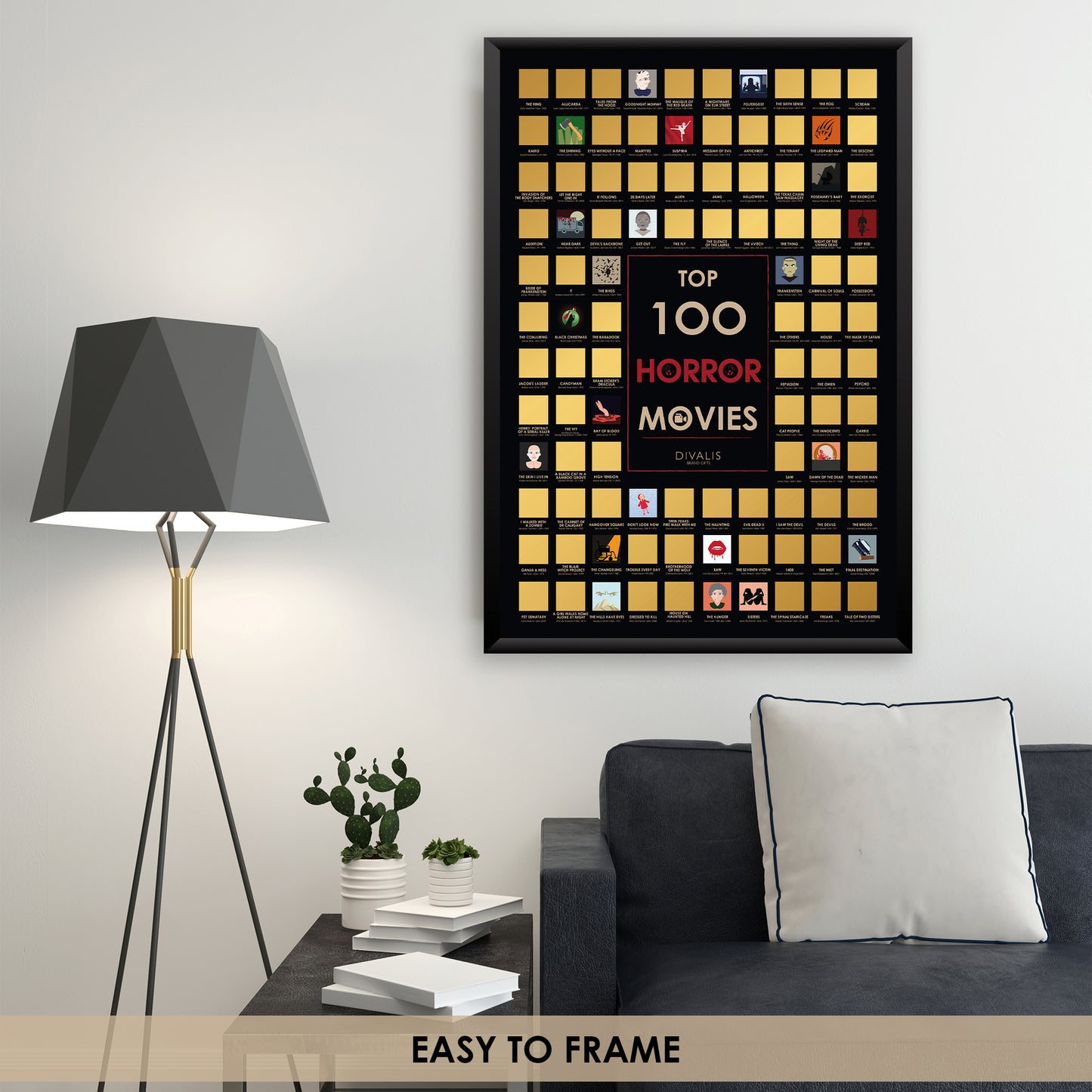 Scratch off Horror Movies Poster - Best Horrors Cinema Chart - Top 100 Horror Films Map - Movie Challenge to Do List - Movies Bucketlist