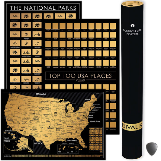 3 in 1 Gift Set - Scratch off National Parks Poster - Scratch off USA Map - Destinations of the United States Scratchable Poster -Travel Map