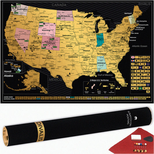US Scratch off Map Poster - Scratchable United States Map with 63 National Parks - Travel Map of Place Where We've Been