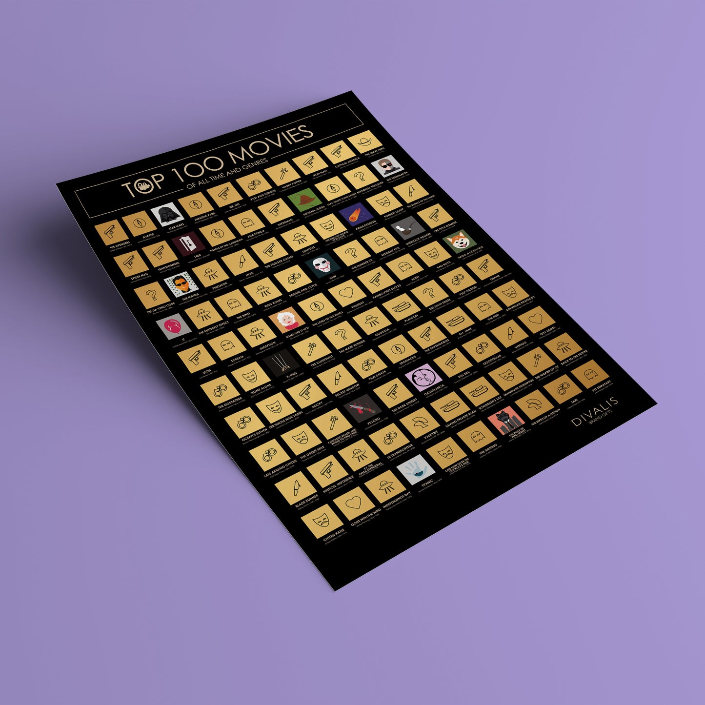 100 Movies Scratch Off Poster - Top Films of all Time Bucket List - 24x16" - Must See Movie Challenge - 100 Essential Movies Scratch off Calendar
