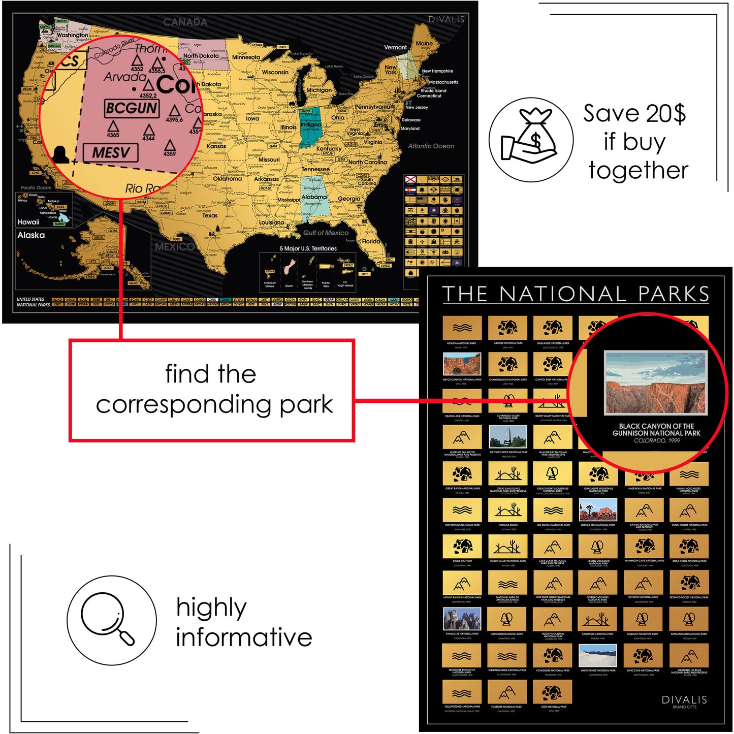 2 in 1 Gift Set - Scratch off USA Map with National Parks Poster Print - Scratchable US Travel Map