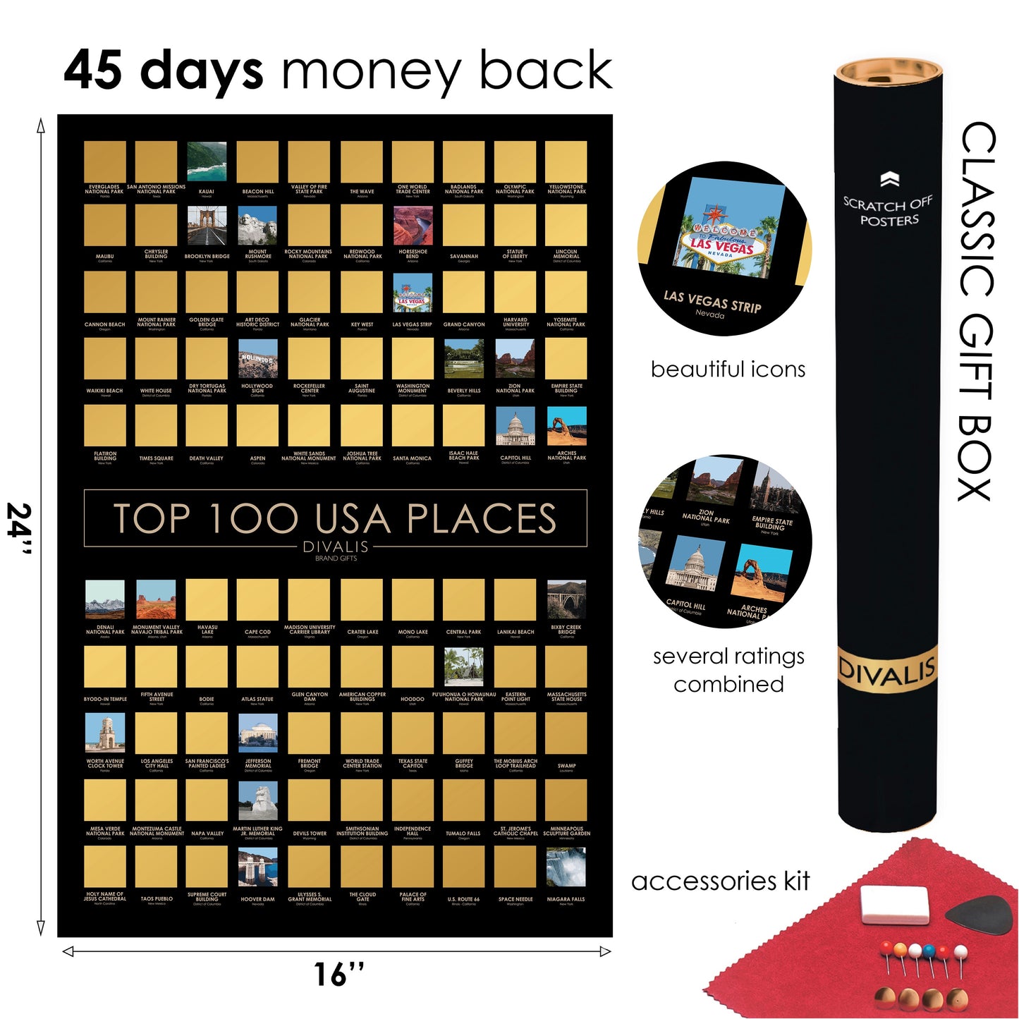 3 in 1 Gift Set - Scratch off National Parks Poster - Scratch off USA Map - Destinations of the United States Scratchable Poster -Travel Map