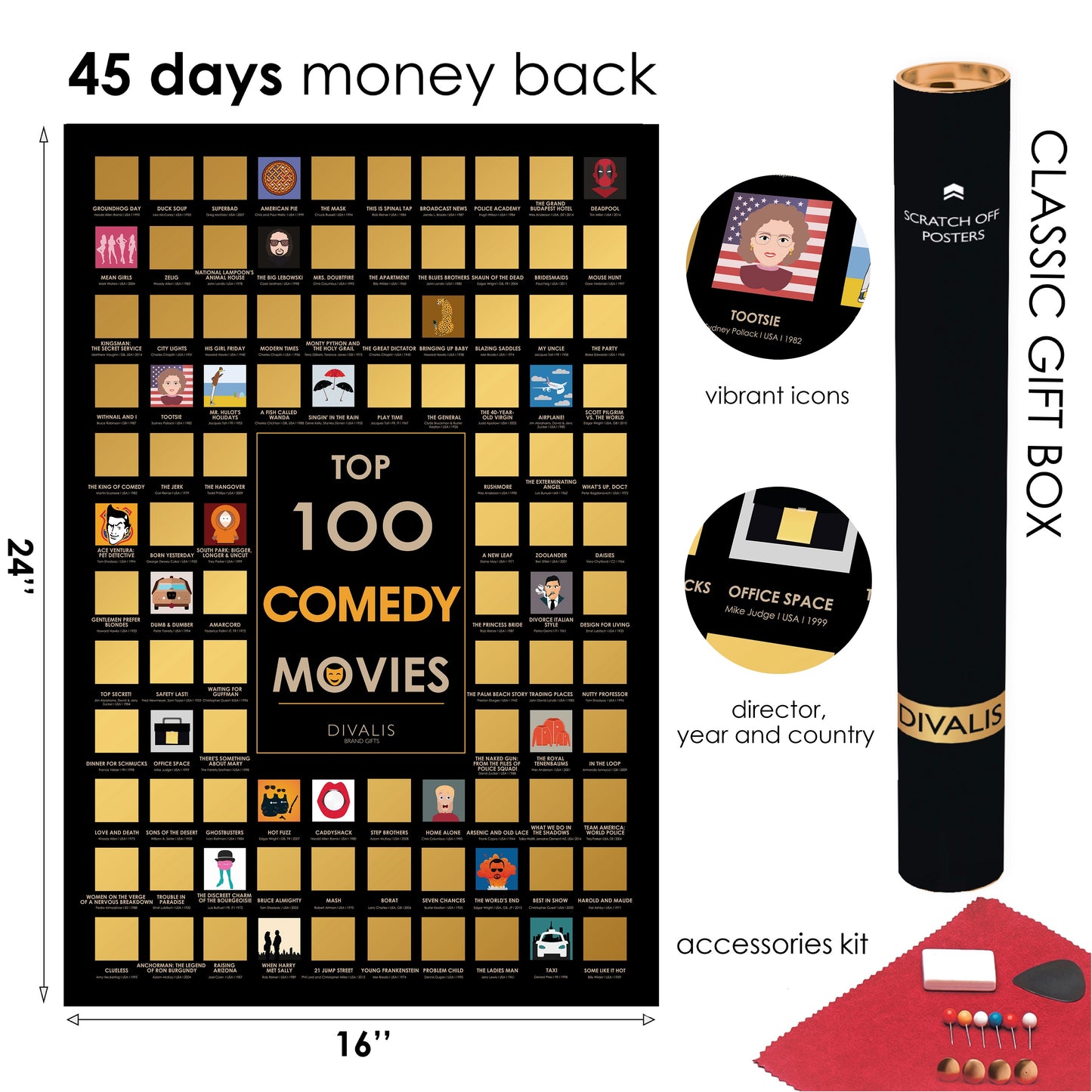 Top 100 Scratch off Comedy Movies Poster - Best Comedy Cinema Bucketlist - Comedy Films Chart - Movie Challenge to Do List