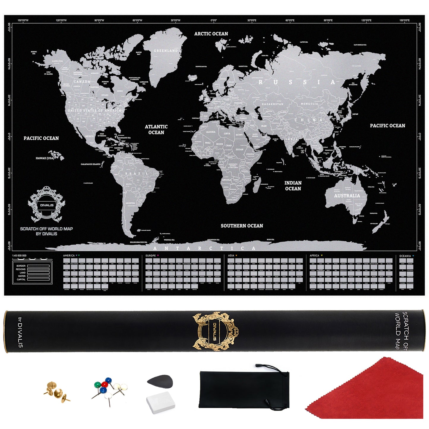 Black and Silver Large Scratch off World Map Where We Have Been by Divalis