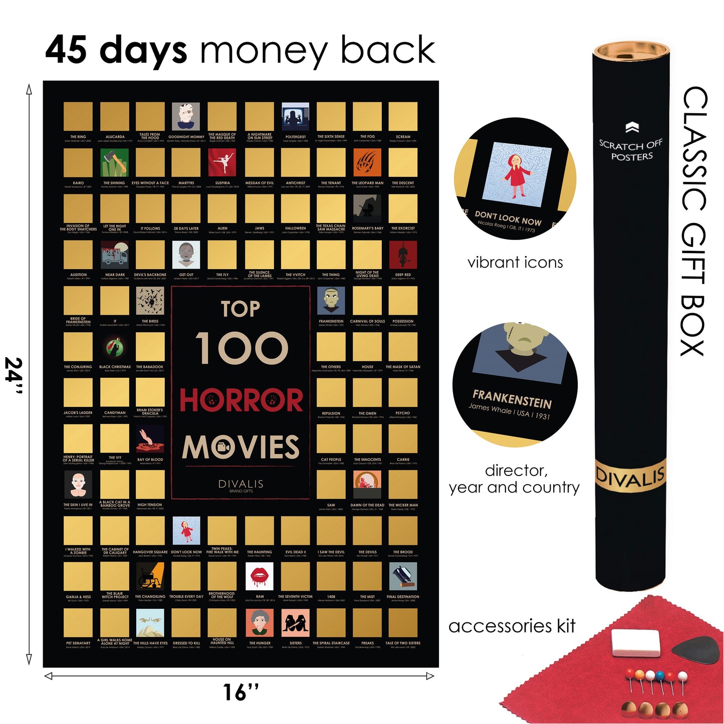 Scratch off Horror Movies Poster - Best Horrors Cinema Chart - Top 100 Horror Films Map - Movie Challenge to Do List - Movies Bucketlist