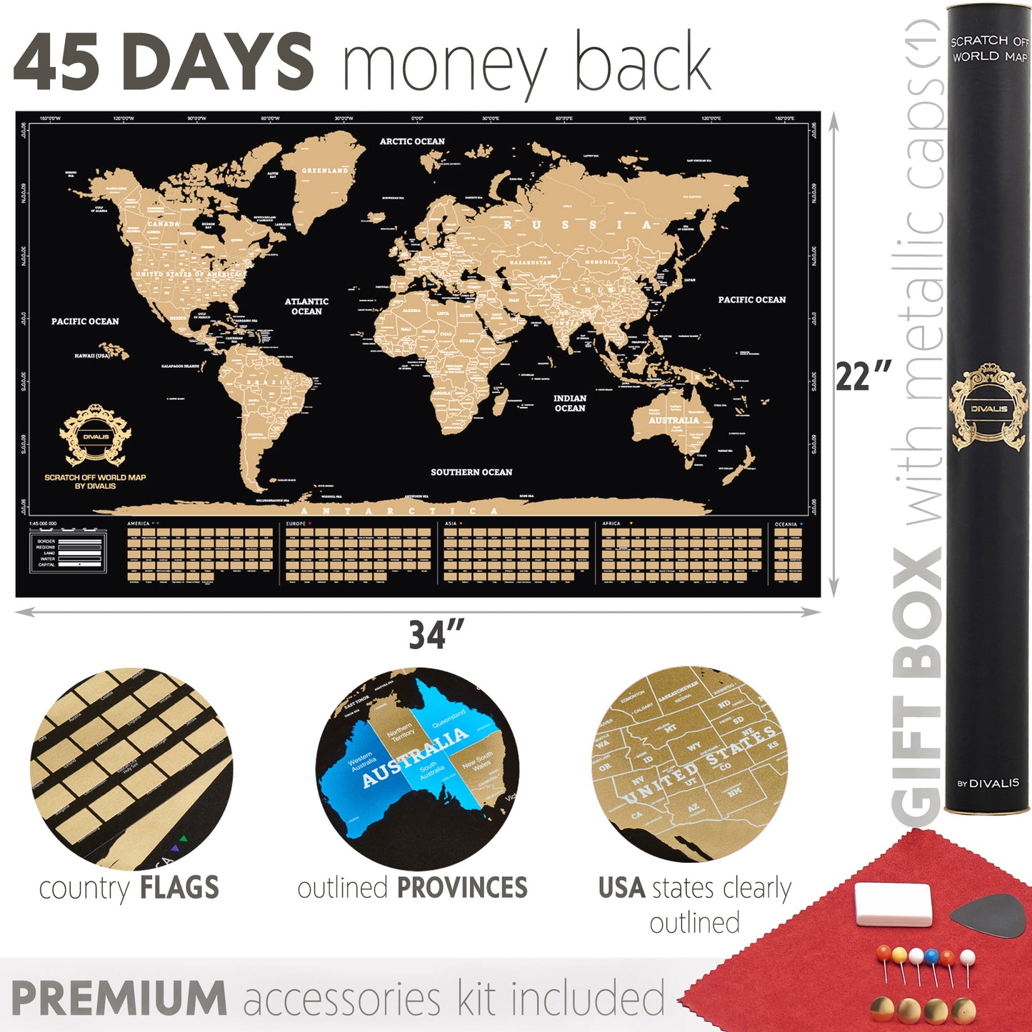 2 in 1 Gift Set - Scratch Off World Map and Scratch Off US Map - Easy to Frame Scratchable World and United States of America Posters