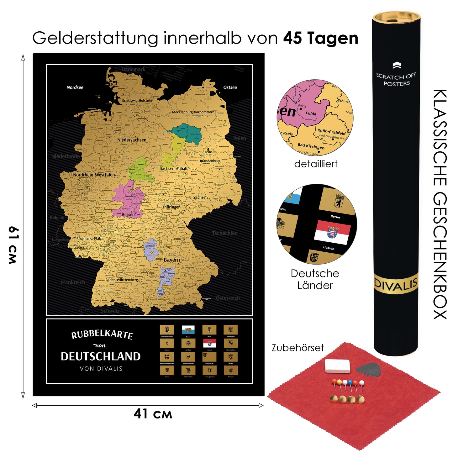 Scratch off Map Germany - Deutschlandkarte Poster 61x41 cm - Scratch Germany Map Gift - Landkarte zum Rubbeln Deutschland - Black and Gold Scratch off Germany Map Poster - Weltkarte zum Rubbeln Deutsch - Rubbeldeutschlandkarte Geschenk