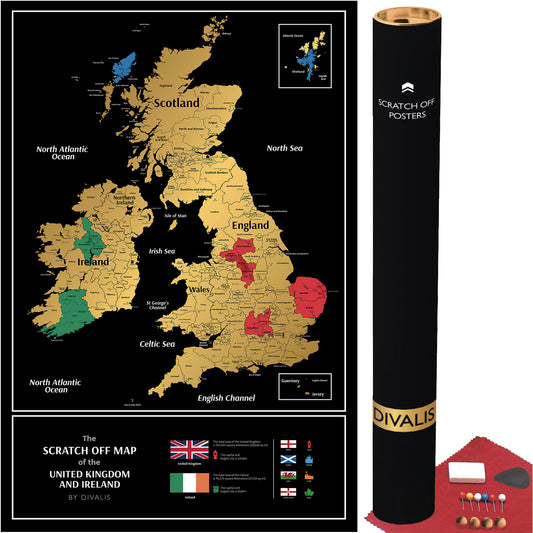 Large Great Britain Scratch off Map - United Kingdom Scratchable Poster 61x41 CM - UK Places Ive Been Map - Black and Gold Erasable Poster - Check off Britain Map - Travel UK Map