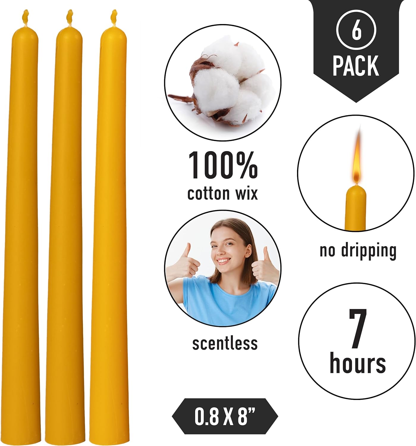 Set of 6 Pure Beeswax Taper Candle - Handmade 100% Pure Beeswax and Cotton Wick - Long Unscented Dinner Candle - Candle Lovers Gift