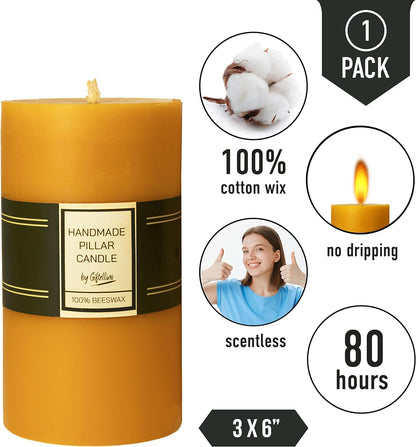 Extra Large 100% Pure Beeswax Pillar Candle - 80 Hours Lasting - Pure Beeswax and Cotton Wick - Unscented Candle Lovers Gift