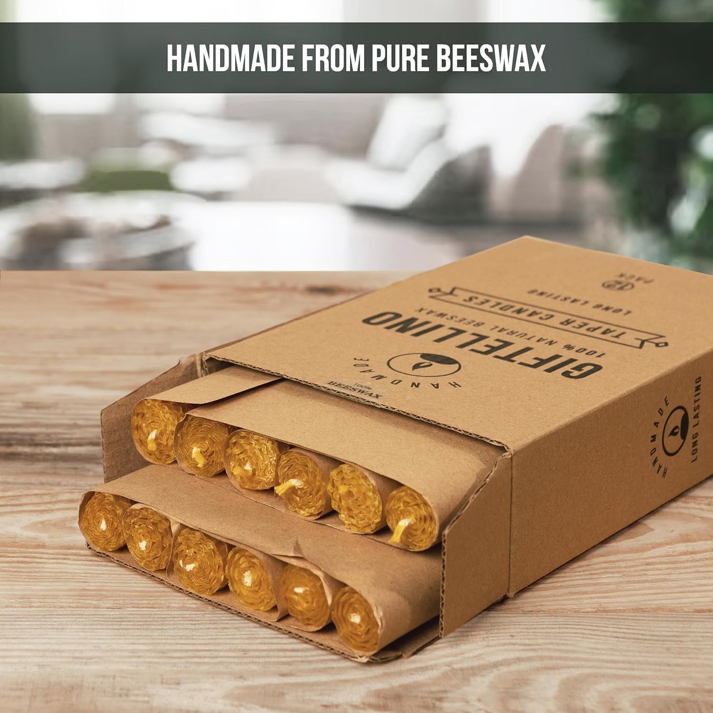 Set of 12 Pure Beeswax Honeycomb Candles - 5 Hour Lasting- Scentless Hand Rolled Beeswax Taper Candles - Cotton Wick Dripless Candles - Candle Lovers Gift