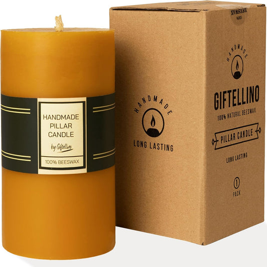 Extra Large 100% Pure Beeswax Pillar Candle - 80 Hours Lasting - Pure Beeswax and Cotton Wick - Unscented Candle Lovers Gift
