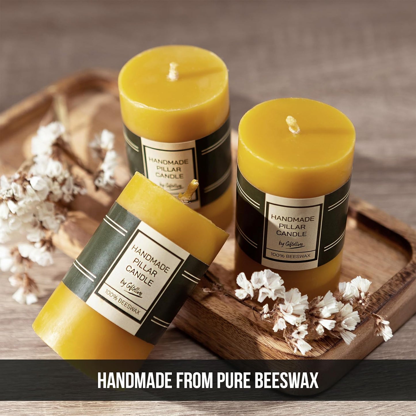 Set of 3 Beeswax Pillar Candle - 21 Hours Lasting Smokeless Pillar Candles with Cotton Wick - Unscented Candle Lover Gift - Dripless Beeswax Pillars