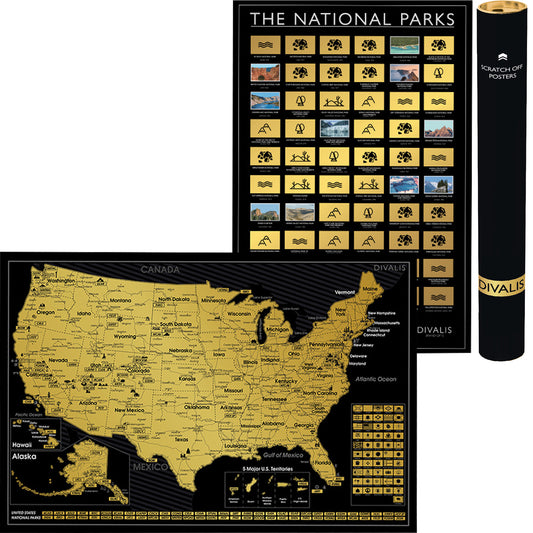 2 in 1 Gift Set - Scratch off USA Map with National Parks Poster Print - Scratchable US Travel Map