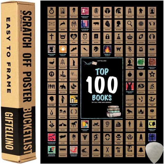 Top 100 Books Scratch off Poster - Books to Read Checklist - Easy to Frame Adventure Book Bucketlist - Bookworm Gift Idea - Books Challenge Calendar