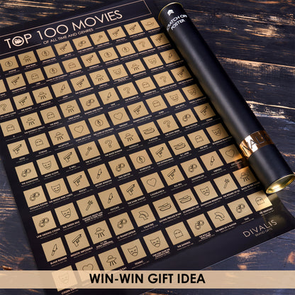 100 Movies Scratch Off Poster - Top Films of all Time Bucket List - 24x16" - Must See Movie Challenge - 100 Essential Movies Scratch off Calendar