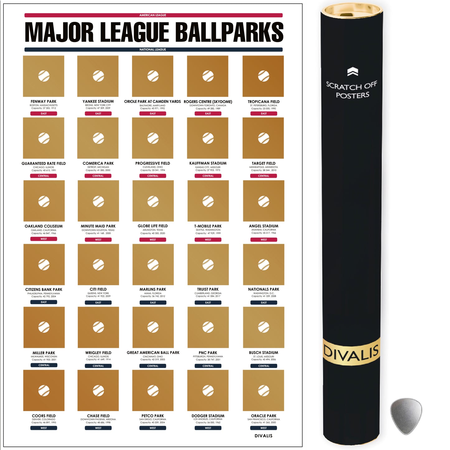 Major League Ballparks Scratch off Poster - Large Easy to Frame 24x16" Baseball Parks Checklist Chart - American and National