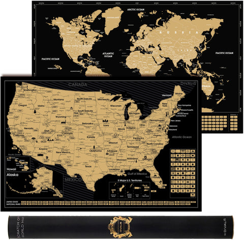 2 in 1 Gift Set - Scratch Off World Map and Scratch Off US Map - Easy to Frame Scratchable World and United States of America Posters