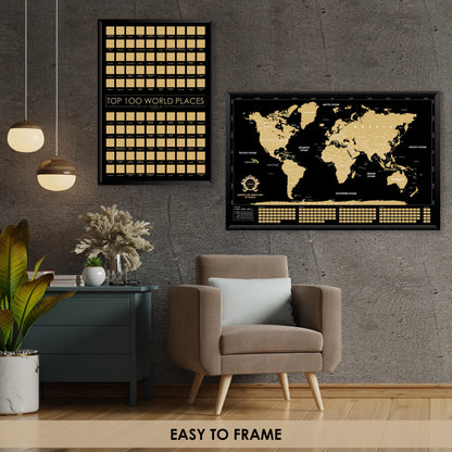 2 in 1 Gift Set - Scratch off Map of the World and Top 100 World Places to Visit Scratchable Poster - Places Where You Have Been Travel Map
