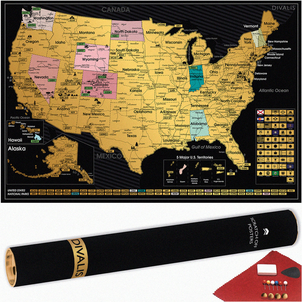 US Scratch off Map Poster - Scratchable United States Map with 63 Nati – Scratch  off World Maps by Divalis