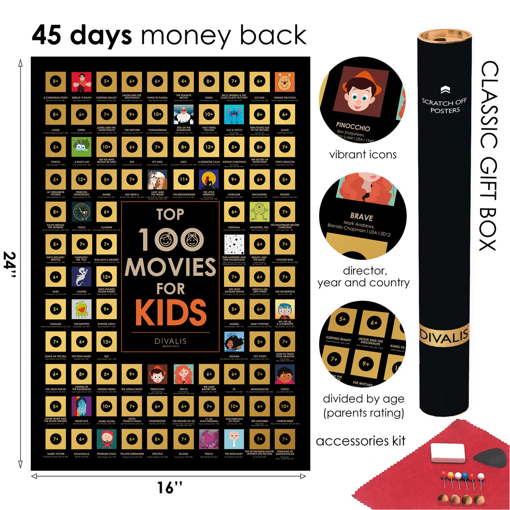 Scratch Off Kids Movies Poster - Top 100 Kids Bucket List Map - Large Scratchable Children Cinema Poster - Essential Movies Chart - Films Must See Wat